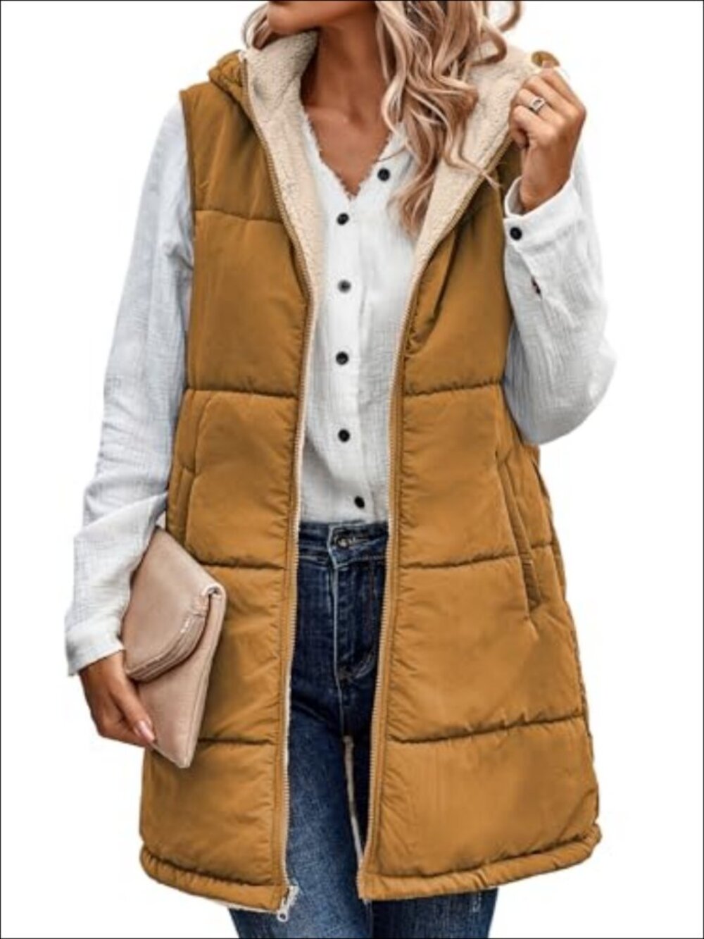 Women's Long Puffer Vest Reversible Fleece Zip Up Hooded Sleeveless Coat
